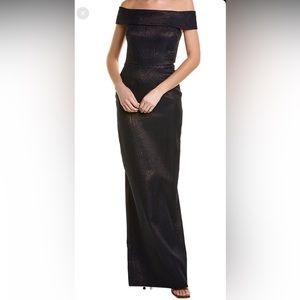 Teri Jon by Rickie Freeman Metallic Off The Shoulder wavy rib knit Gown